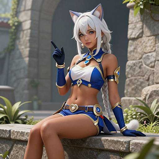 Digital CGI of a white-haired, tan-skinned anime-style catgirl in blue and gold crop top and shorts, sitting on stone ledge, pointing with