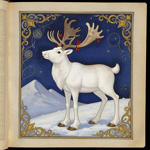 Illustration of a white reindeer with large antlers adorned with red berries, standing on snow under a starry night sky, framed by ornate