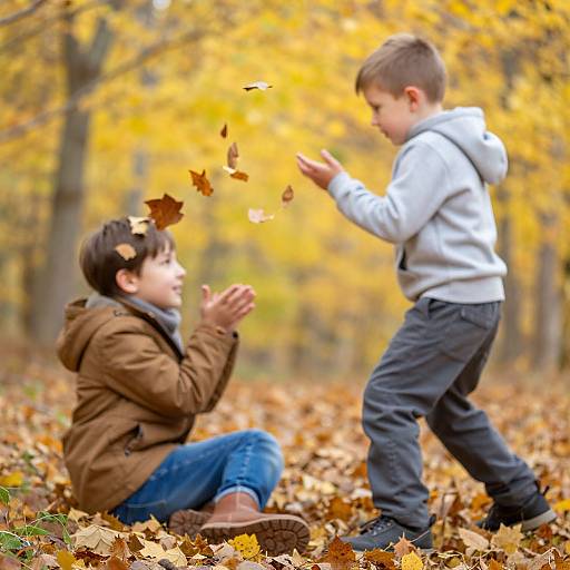 Photograph of two young boys in autumn forest; one kneeling, one standing, tossing leaves, wearing hoodies, jeans, and boots.