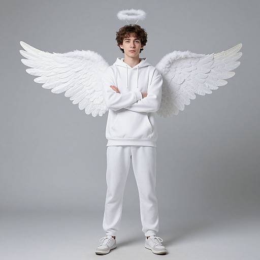 Photograph of a young boy with curly brown hair, wearing a white hoodie, pants, and sneakers, standing with crossed arms, white angel wings,
