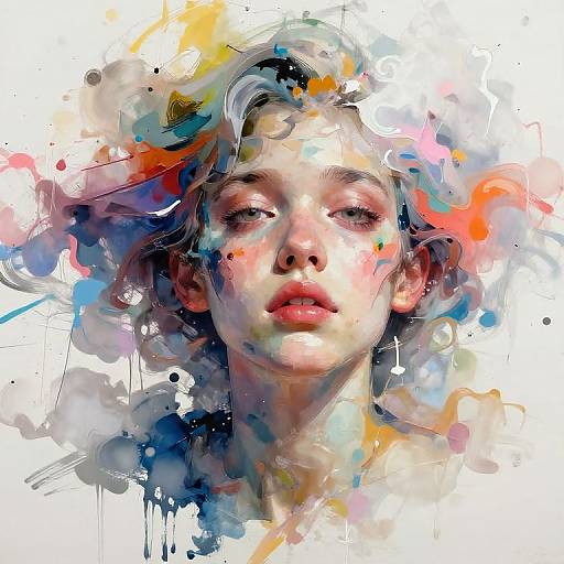 Abstract digital painting of a young person's face with vibrant splashes of blue, orange, and yellow, surrounded by fluid, painterly textures.
