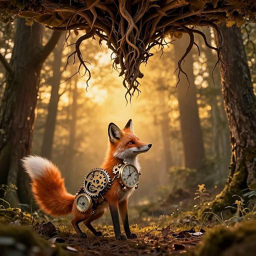 Photograph of a fox with gears on its fur standing in a mystical forest, sunlight filtering through tall trees, autumn leaves on the ground.