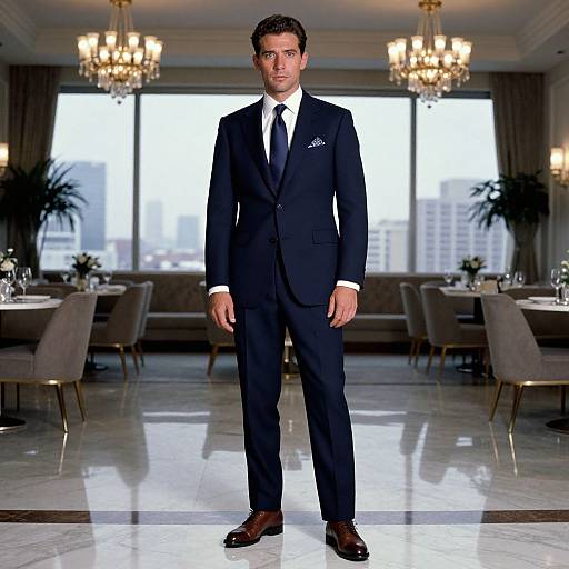 Photograph of a handsome man in a dark navy suit, white shirt, and black tie, standing confidently in a luxurious, well-lit dining room