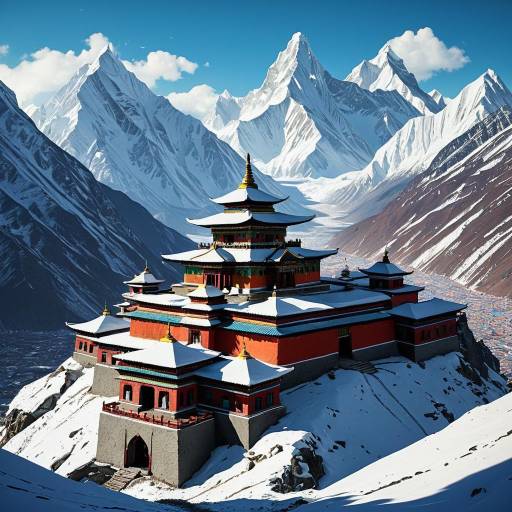 Snowy Tibetan Monastery Among Jagged Mountain Peaks