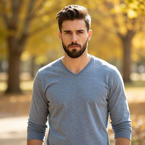 Photograph of a bearded man with dark hair, wearing a blue V-neck sweater, standing in a sunlit park with autumn-colored trees in the