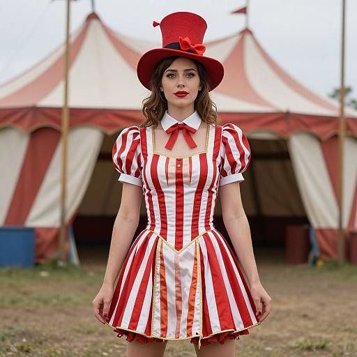 Photograph of a woman in a red and white striped circus dress, red top hat with bow, standing in front of circus tents.