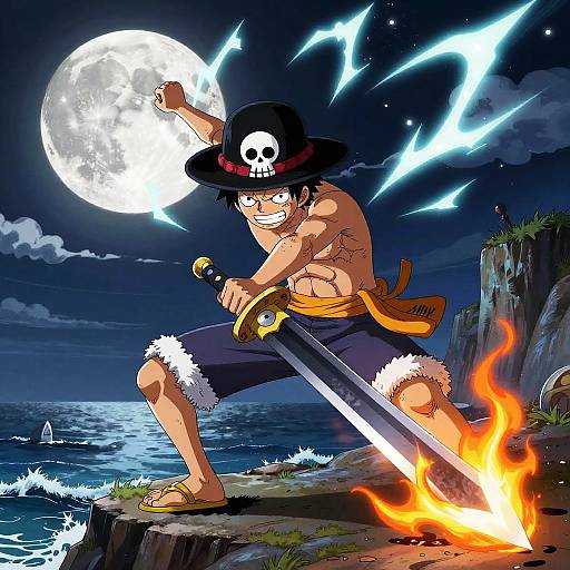 Black Luffy Battling on Moonlit Cliff