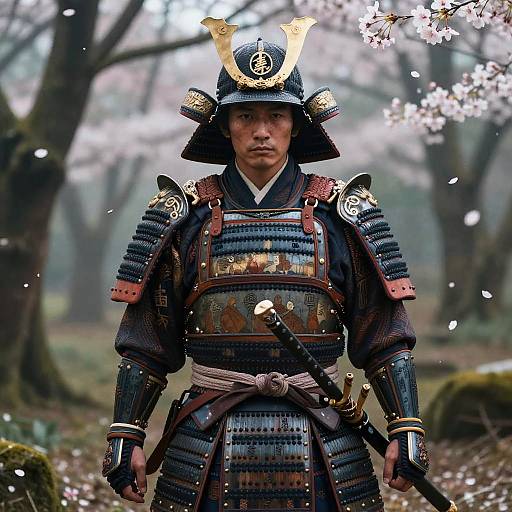 Japanese samurai in detailed black armor with gold accents stands in a misty cherry blossom forest, holding a katana. Photograph.