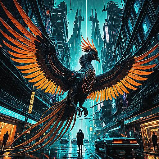 Mechanical Phoenix in Neon Cyberpunk City