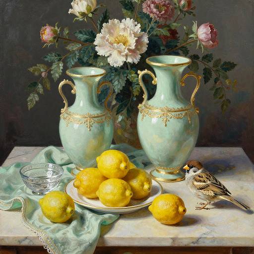 Encaustic Silk Still Life with Mint Vases