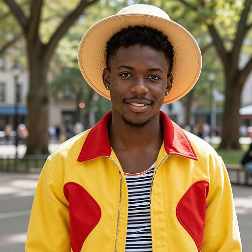 Photograph of a smiling Black man with short curly hair, wearing a yellow jacket with red accents, striped shirt, and wide-brimmed hat,