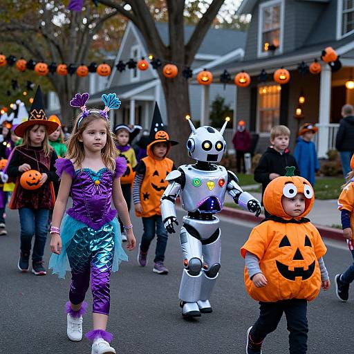 Photograph of children in Halloween costumes, including a purple butterfly dress girl, a white robot boy, and orange pumpkin onesie boy, walking on a