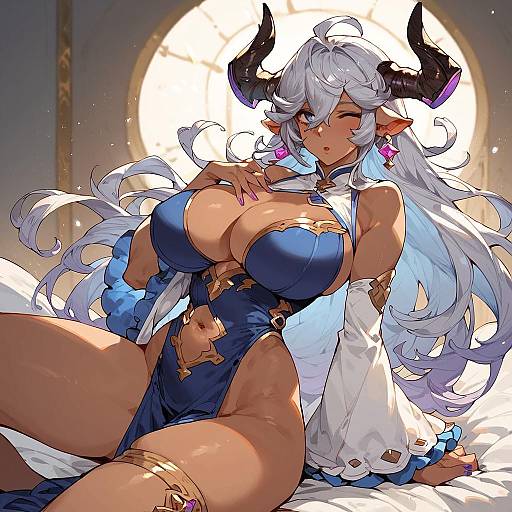 Digital anime-style drawing of a voluptuous, white-haired demon girl with black horns, large breasts, and blue dress, sitting on a bed with a