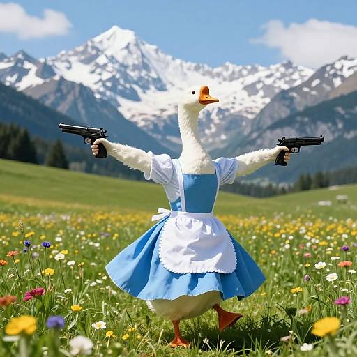 Photograph of a white duck dressed in a blue and white maid outfit, holding two black handguns, standing in a colorful meadow with mountains and snow