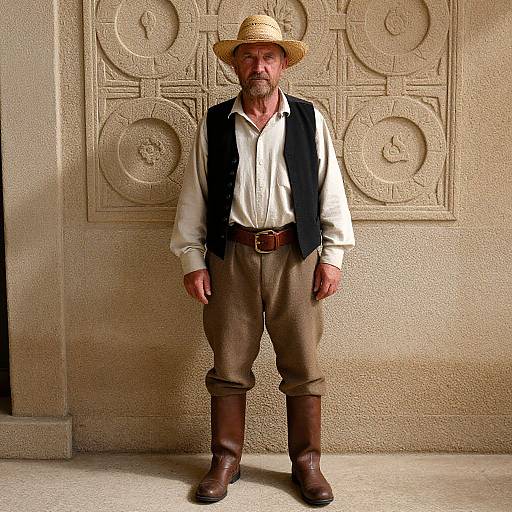 Rustic Elderly Man by Carved Wall