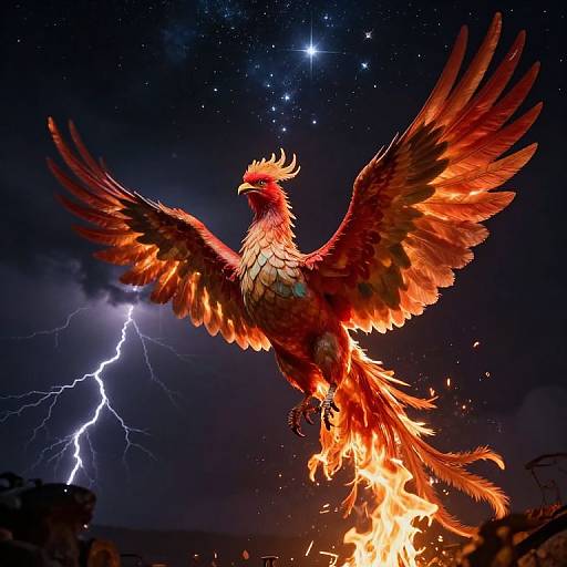 Digital art of a fiery, majestic phoenix with outstretched wings, glowing red and orange feathers, flying against a starry night sky with a bright