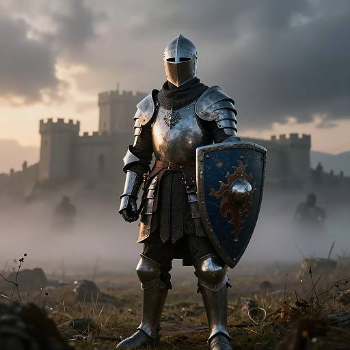 Knight in Armor on Misty Battlefield at Dawn