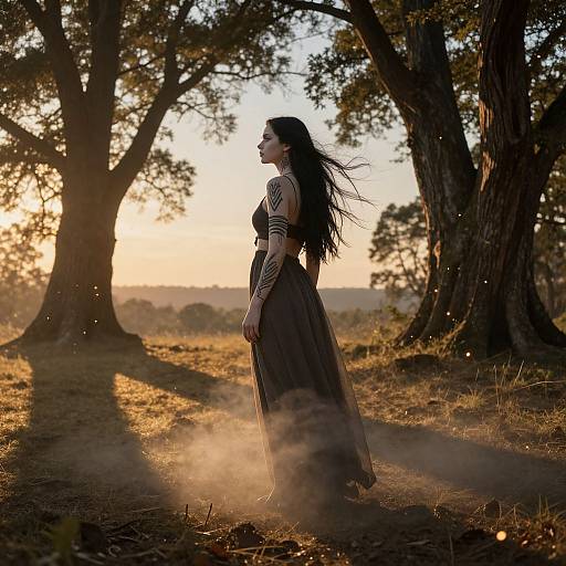 Photograph of a tattooed woman with long black hair in a flowing dark dress, standing in a sunlit, misty forest at sunset.