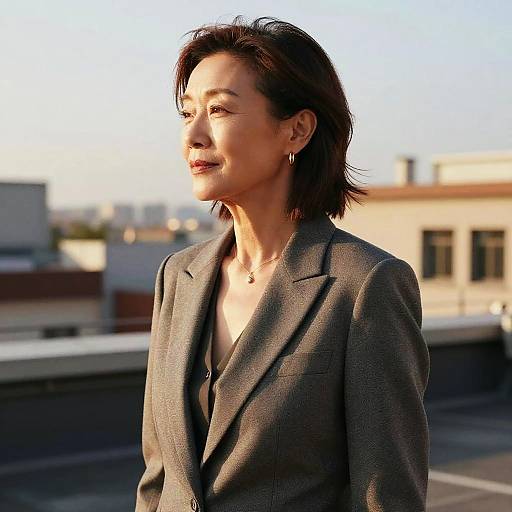 Photograph of an Asian woman with short, dark brown hair, wearing a gray blazer, standing on a rooftop at sunset, smiling softly, with
