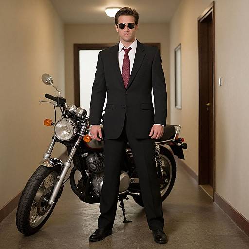 Photograph of a suited man with sunglasses standing confidently in a hallway, next to a classic black motorcycle, exuding a cool, suave vibe.