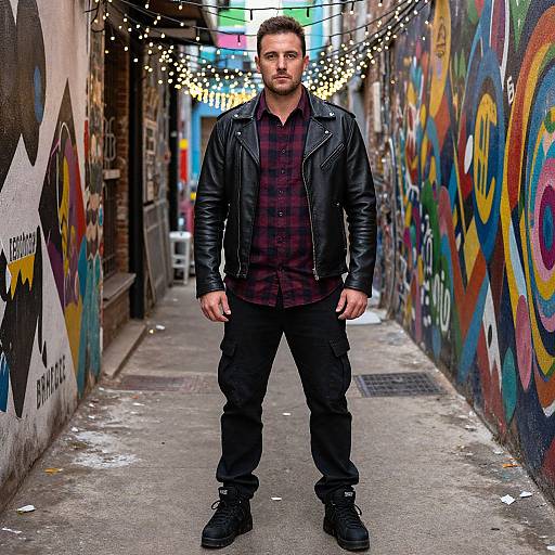 Photograph of a bearded man in a black leather jacket, plaid shirt, and black pants, standing in a colorful graffiti-laden alley with