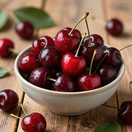 Photograph of a white ceramic bowl overflowing with glistening, deep red cherries with droplets of water, scattered on a rustic wooden table with green