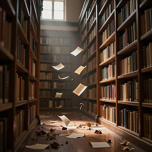 Photograph of a dimly lit library aisle with towering wooden bookshelves, scattered papers, and glowing pages floating upward towards a bright window.