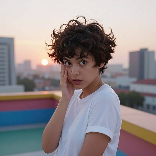 Photograph of a young woman with curly brown hair, wearing a white t-shirt, touching her face against a sunset urban skyline.