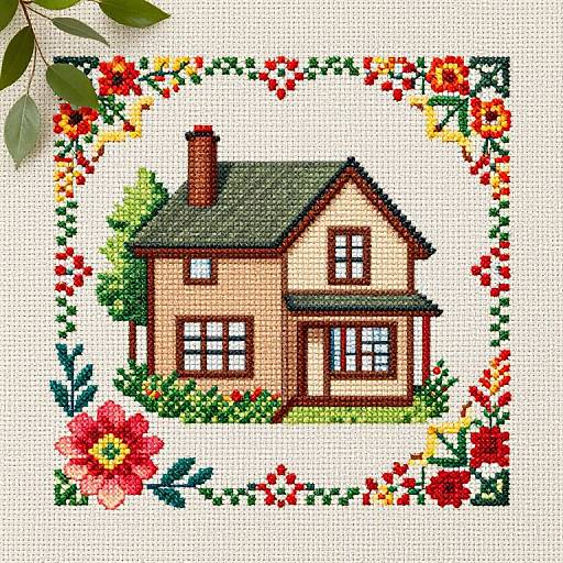 Charming House and Floral Cross-Stitch