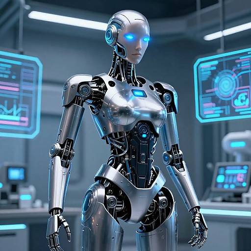 Futuristic Female Humanoid Robot in High-Tech Lab
