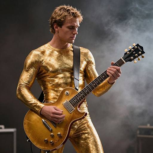 Photograph of a muscular man with tousled blonde hair playing a golden electric guitar, wearing a shiny gold, long-sleeve bodysuit,