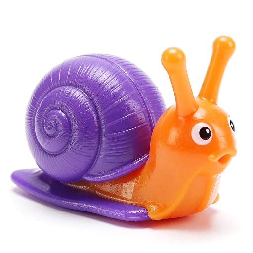 Photograph of a bright orange plastic snail with large eyes and a purple spiral shell, set against a white background.