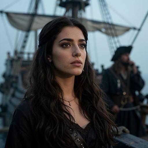 Photograph of a serious, dark-haired woman with wavy hair, wearing a black lace top, standing in front of a ship with blurred sailors in