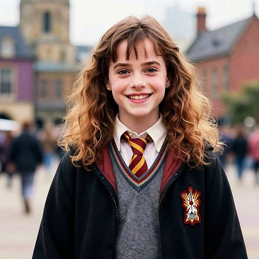 Photograph of a smiling young woman with wavy brown hair, wearing a Hogwarts school uniform with a black robe, gray sweater, and striped tie,