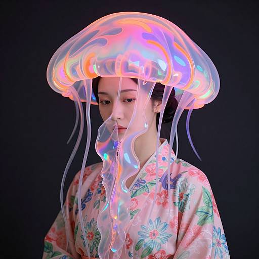 Photograph of Asian woman wearing glowing, translucent jellyfish-like headdress and floral kimono against black background, with vibrant pink, blue, and orange