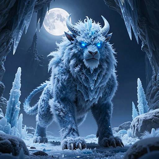 Digital artwork of a glowing blue, fierce, horned ice beast in a cavern, illuminated by a full moon, surrounded by icy crystals.
