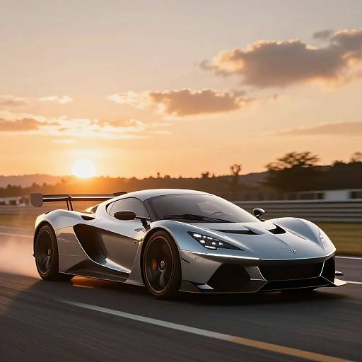 Photograph of a sleek, silver McLaren P1 supercar speeding on a racetrack during a vibrant sunset, with orange and pink sky and scattered
