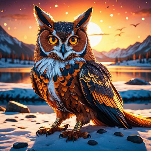 Bronze Owl with Glowing Golden Eyes at Sunrise