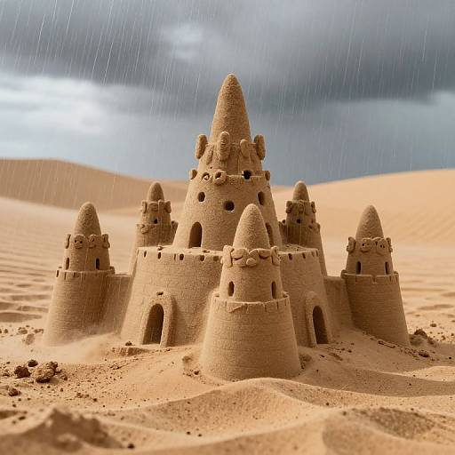 Photograph of a detailed sandcastle with multiple turrets and arches, set in a desert under a stormy, rain-filled sky.