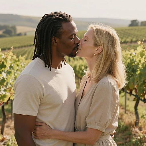 Photograph of a black man with dreadlocks and a white woman with blonde hair kissing in a sunny vineyard, both wearing beige shirts. She embraces