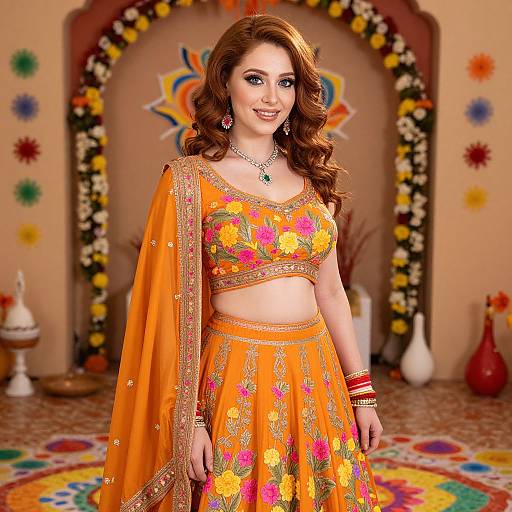 Photograph of a smiling, fair-skinned woman with wavy auburn hair in an orange floral traditional Indian outfit, standing in a brightly decorated