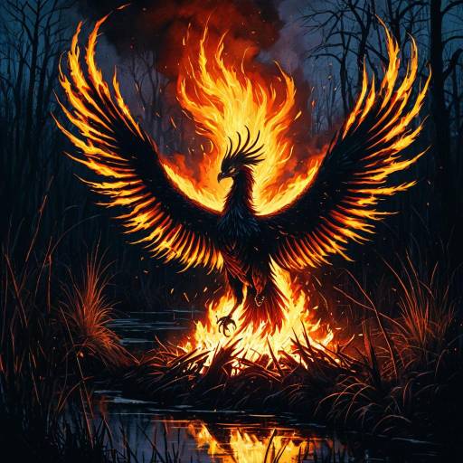 Blazing Phoenix Rising in Shadowy Swamp