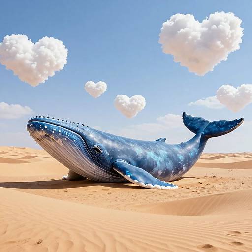 Photorealistic CGI of a blue, whale-like creature with a glossy texture and dorsal fin, lying on golden sand under a bright blue sky with fluffy