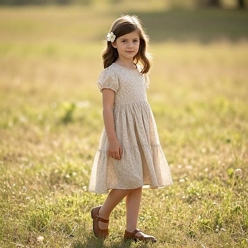 Photograph of a young girl with fair skin, brown hair, and a white flower in her hair, wearing a beige dress and brown shoes, standing