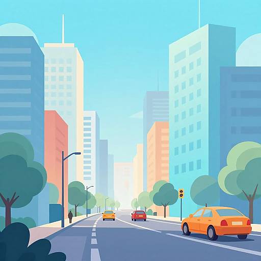 Digital illustration of a sunny city street with colorful skyscrapers, trees, and three cars; vibrant blue sky, bright orange and yellow buildings.