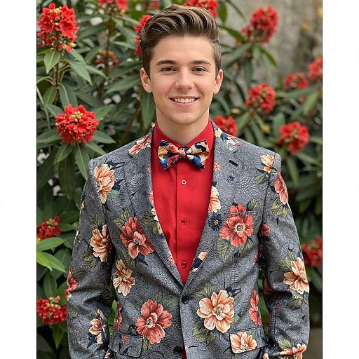 Photograph of a smiling young man with short brown hair, wearing a gray floral jacket, red shirt, and blue bow tie, standing in front of