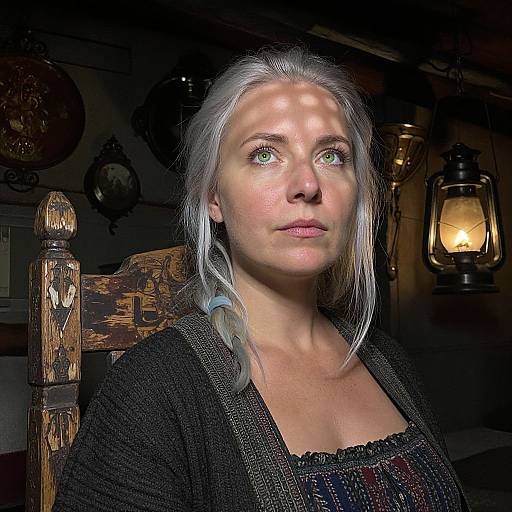 Photograph of a pale-skinned woman with silver hair, green eyes, and pink lips, wearing a black cardigan, illuminated by a lantern's