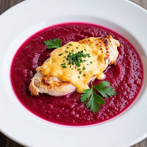 Cheesy Chicken Breast on Beetroot Soup