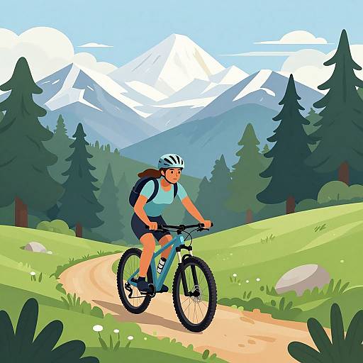 Digital illustration of a female cyclist with long brown hair, wearing a blue shirt, black shorts, and helmet, riding a black mountain bike on a dirt