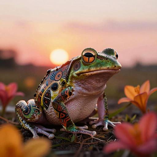 Photograph of a vibrantly patterned frog with large, orange eyes, sitting among orange flowers at sunset, with a glowing sun in the blurred background